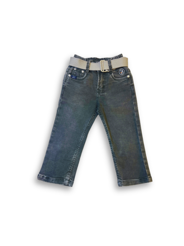 Boys' olive green track pants or joggers with an elastic waist, straight leg, and a thick tan or cream-colored web belt with a silver buckle.

Export to Sheets