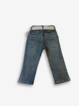 Boys' olive green track pants or joggers with an elastic waist, straight leg, and a thick tan or cream-colored web belt with a silver buckle.

Export to Sheets