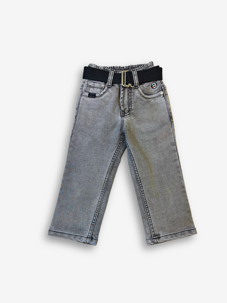 Boys' light grey wash denim jeans with a slightly faded look, an elasticated waist, and a thick black web belt with a silver rectangular buckle.