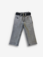 Boys' light grey wash denim jeans with a slightly faded look, an elasticated waist, and a thick black web belt with a silver rectangular buckle.