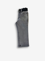 Boys' light grey wash denim jeans with a slightly faded look, an elasticated waist, and a thick black web belt with a silver rectangular buckle.