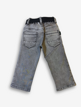 Boys' light grey wash denim jeans with a slightly faded look, an elasticated waist, and a thick black web belt with a silver rectangular buckle.