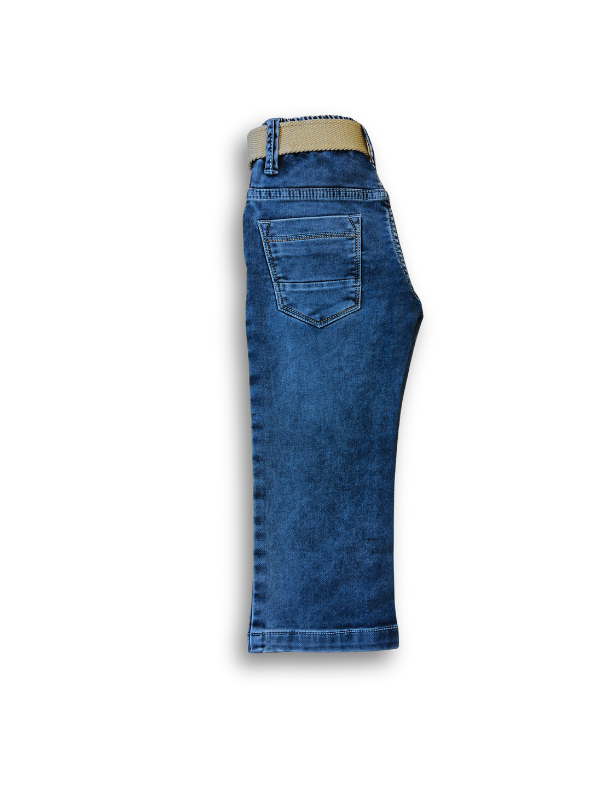 Boys' light blue wash denim jeans with a slightly faded look, an elastic waist, and a thick tan web belt with a silver rectangular buckle.

Export to Sheets