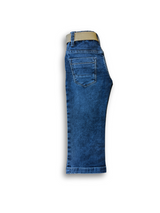 Boys' light blue wash denim jeans with a slightly faded look, an elastic waist, and a thick tan web belt with a silver rectangular buckle.

Export to Sheets