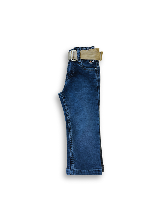 Boys' light blue wash denim jeans with a slightly faded look, an elastic waist, and a thick tan web belt with a silver rectangular buckle.

Export to Sheets