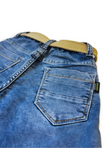 Boys' light blue wash denim jeans with a slightly faded look, an elastic waist, and a thick tan web belt with a silver rectangular buckle.

Export to Sheets