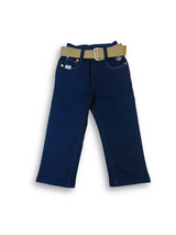 Boys' dark navy blue denim jeans with an elastic waist, straight leg, and a thick khaki or tan-colored web belt with a silver rectangular buckle.