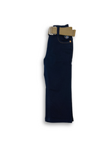 Boys' dark navy blue denim jeans with an elastic waist, straight leg, and a thick khaki or tan-colored web belt with a silver rectangular buckle.