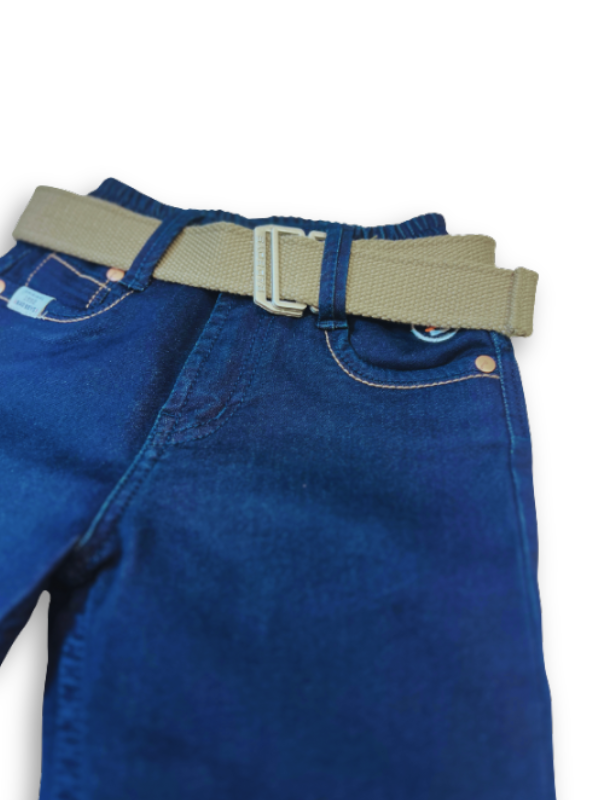 Boys' dark navy blue denim jeans with an elastic waist, straight leg, and a thick khaki or tan-colored web belt with a silver rectangular buckle.