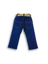 Boys' dark navy blue denim jeans with an elastic waist, straight leg, and a thick khaki or tan-colored web belt with a silver rectangular buckle.