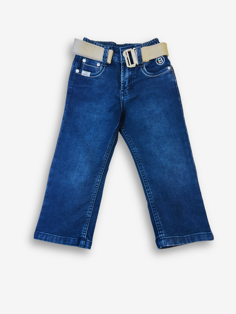 Boys' dark blue denim jeans with a straight fit, subtle fading, and a prominent tan or cream-colored web belt with a silver buckle.

Export to Sheets