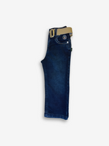 Boys' dark blue denim jeans with a straight fit, subtle fading, and a prominent tan or cream-colored web belt with a silver buckle.

Export to Sheets