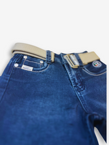 Boys' dark blue denim jeans with a straight fit, subtle fading, and a prominent tan or cream-colored web belt with a silver buckle.

Export to Sheets