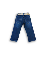 Boys' dark blue denim jeans with a straight fit, subtle fading, and a prominent tan or cream-colored web belt with a silver buckle.

Export to Sheets