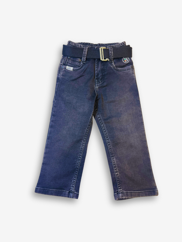 Boys' dark grey/black wash denim jeans with a slightly faded look, an elastic waist, and a thick black web belt with a rectangular silver buckle.

Export to Sheets