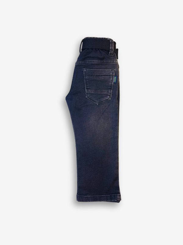 Boys' dark grey/black wash denim jeans with a slightly faded look, an elastic waist, and a thick black web belt with a rectangular silver buckle.

Export to Sheets