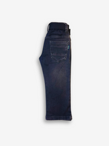 Boys' dark grey/black wash denim jeans with a slightly faded look, an elastic waist, and a thick black web belt with a rectangular silver buckle.

Export to Sheets