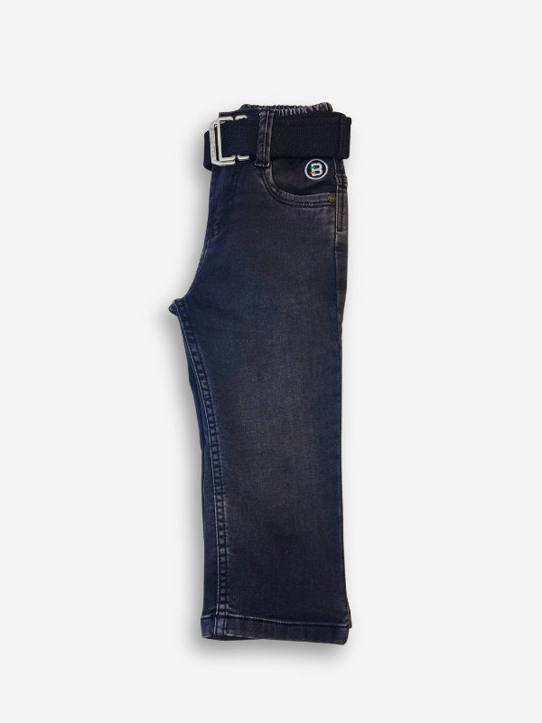 Boys' dark grey/black wash denim jeans with a slightly faded look, an elastic waist, and a thick black web belt with a rectangular silver buckle.

Export to Sheets