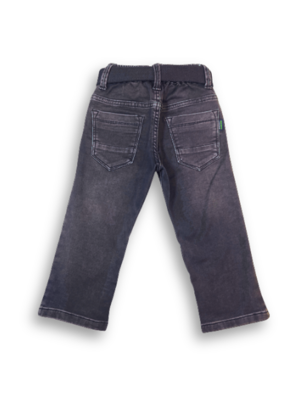 Boys' dark grey/black wash denim jeans with a slightly faded look, an elastic waist, and a thick black web belt with a rectangular silver buckle.

Export to Sheets