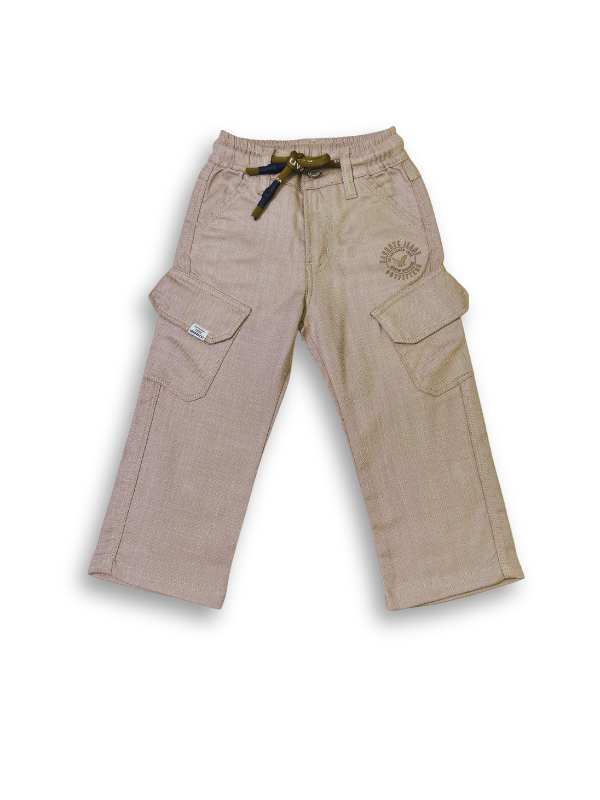 Boys' dark grey wash denim-look pants with an elastic waist, straight leg, and a thick khaki or tan-colored web belt with a silver rectangular buckle.