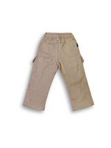 Boys' dark grey wash denim-look pants with an elastic waist, straight leg, and a thick khaki or tan-colored web belt with a silver rectangular buckle.
