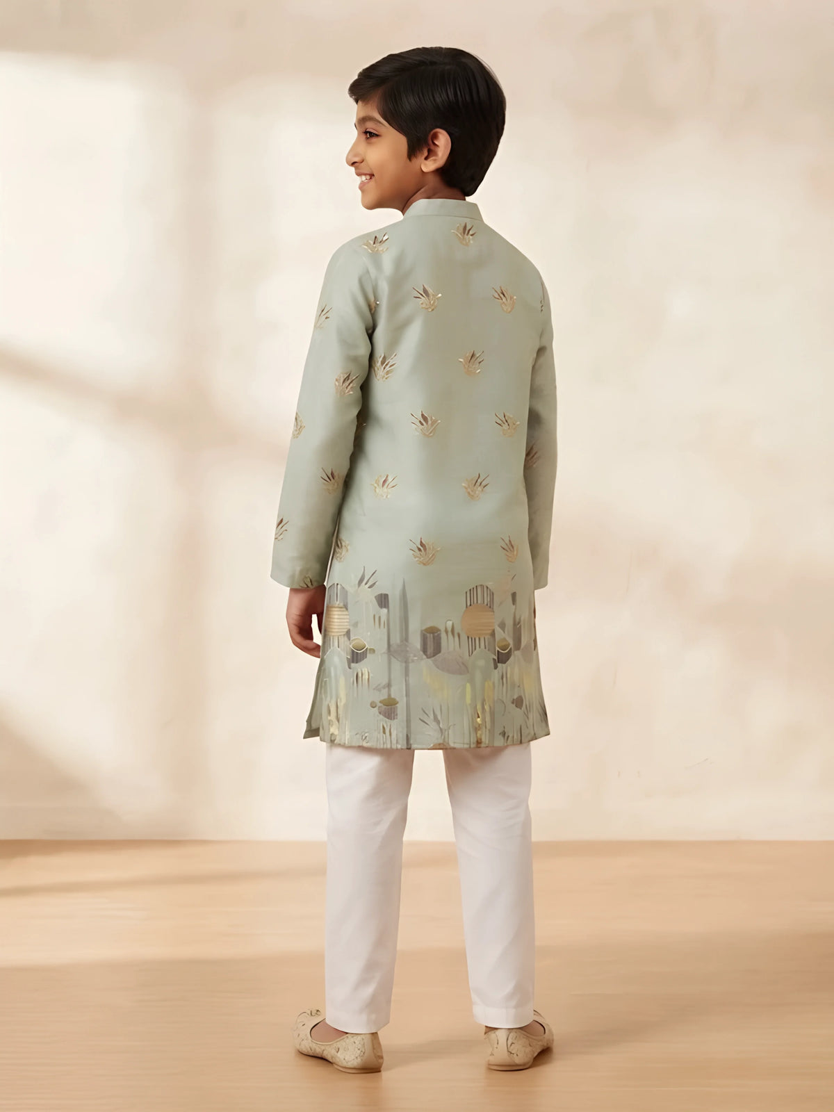 Green Gold Foil Printed Kurta Pajama Set for Boys
