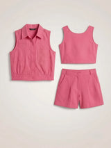 Girls Pink Cotton 3-Piece Co-ord Set with Embroidered Vest