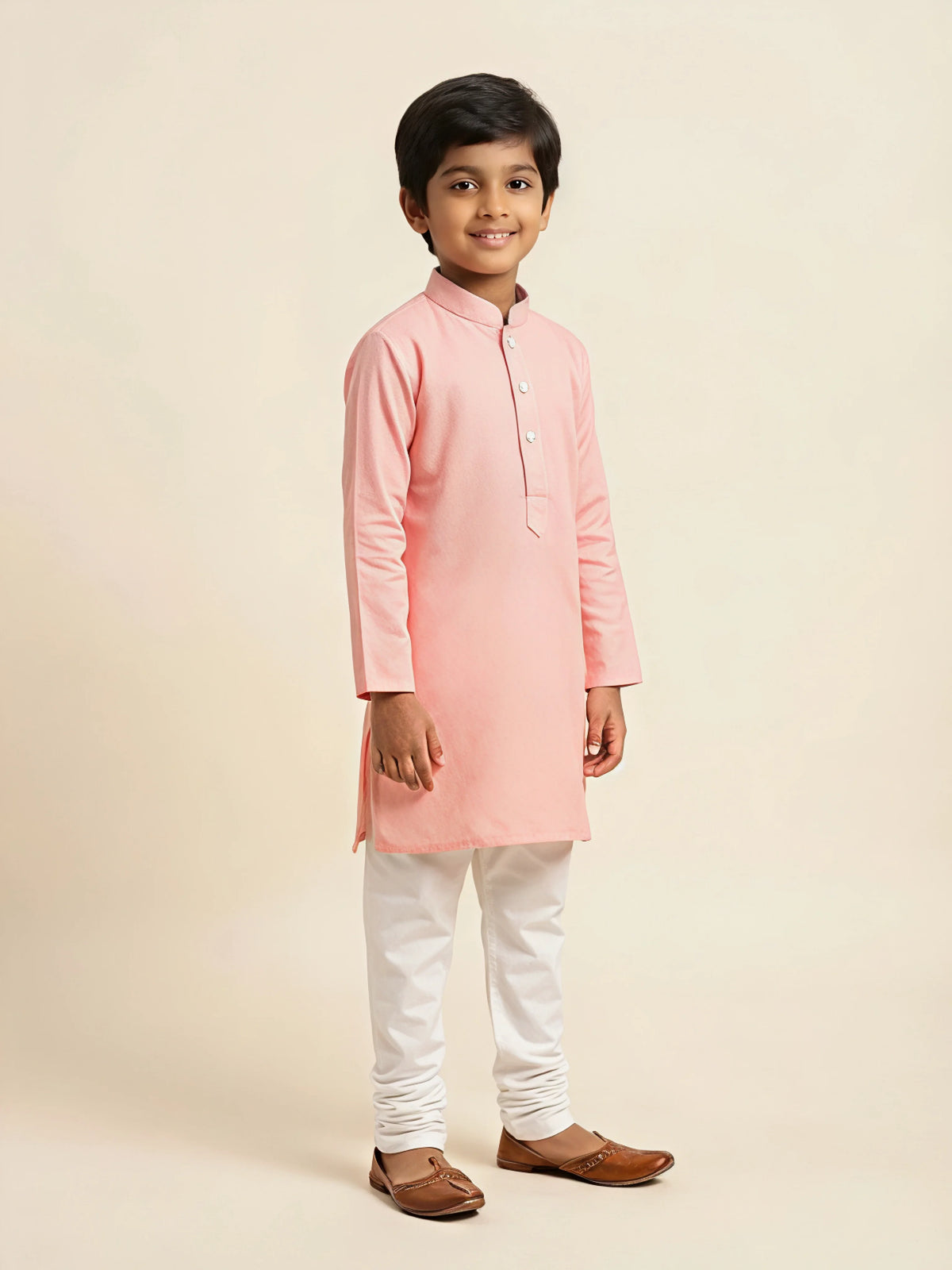 Boys pink solid kurta pajama set with white pants
