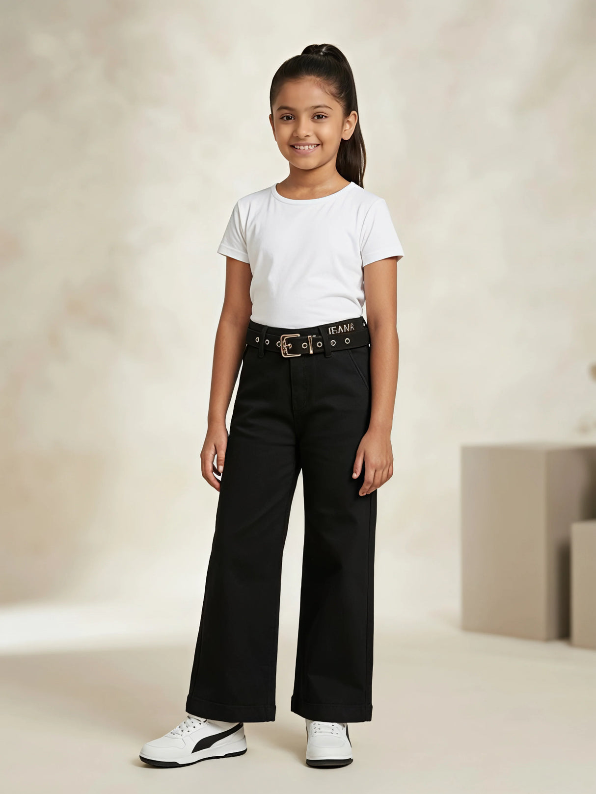 Girls Black Wide Leg Jeans with Eyelet Belt