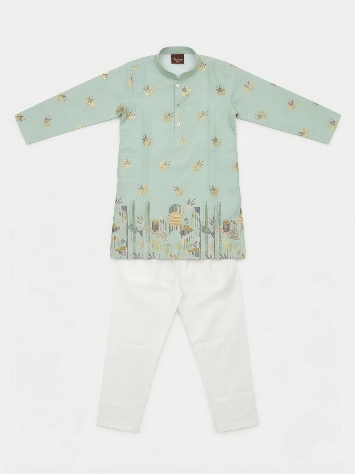 Green Gold Foil Printed Kurta Pajama Set for Boys