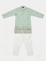 Green Gold Foil Printed Kurta Pajama Set for Boys