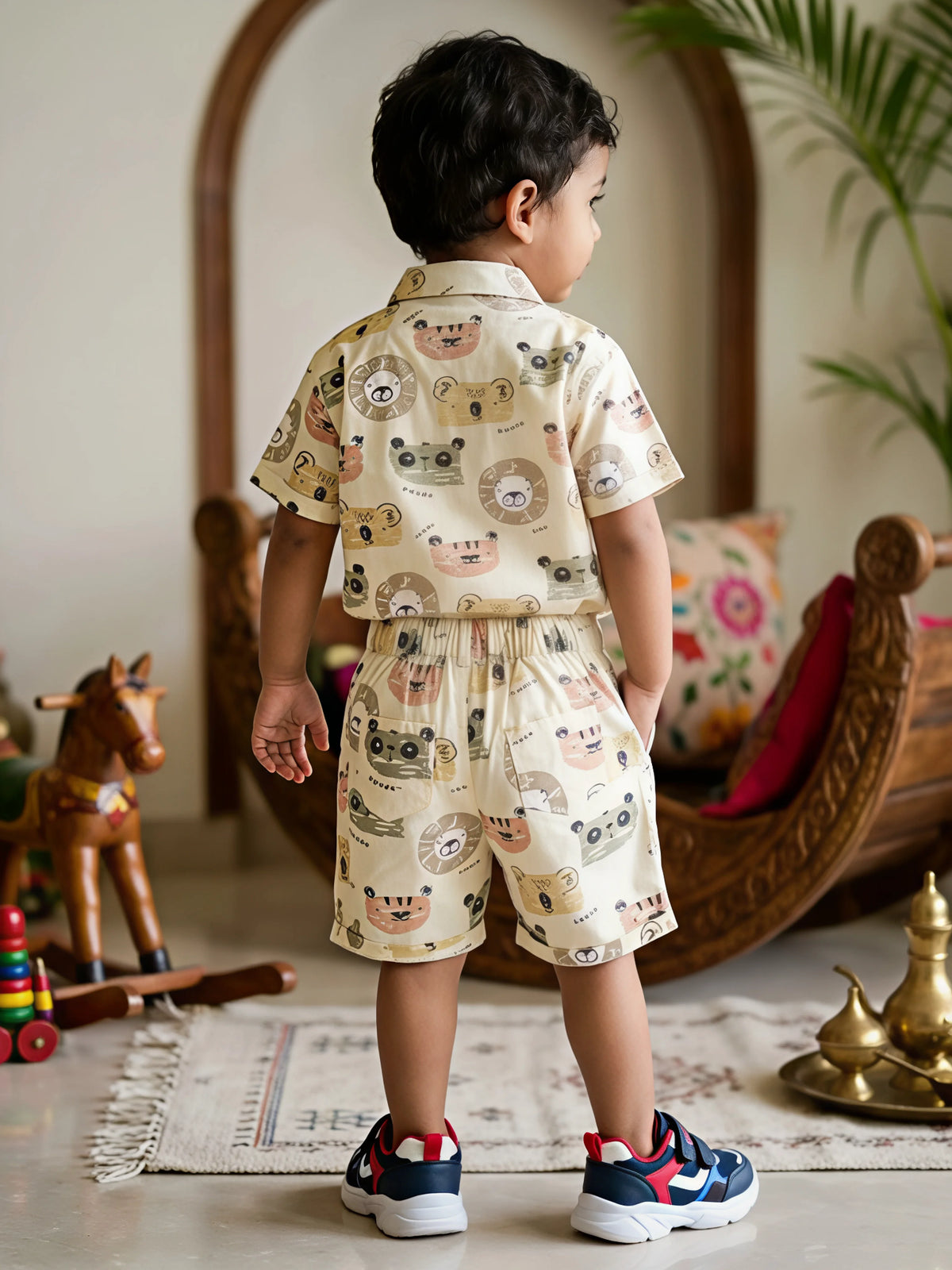 Boys Cream Animal Print Cotton Co-ord Set