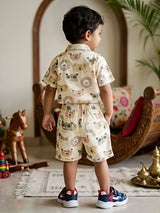Boys Cream Animal Print Cotton Co-ord Set