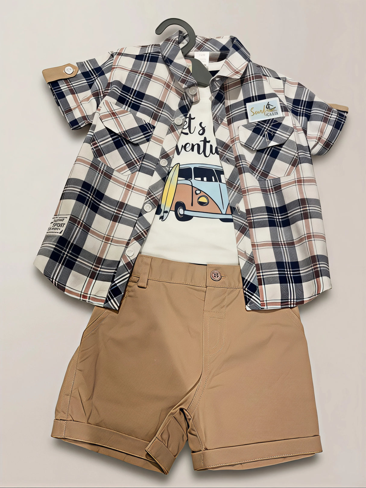 Boys White Adventure Graphic T-Shirt & Checked Shirt Co-ord Set