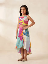 Girls rani multicolor printed crop top and high-low skirt set with pom pom details.