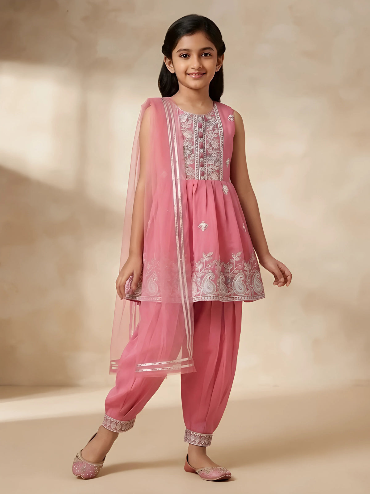 Girls Pink Embroidered Dhoti Suit Set.