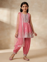 Girls Pink Embroidered Dhoti Suit Set.
