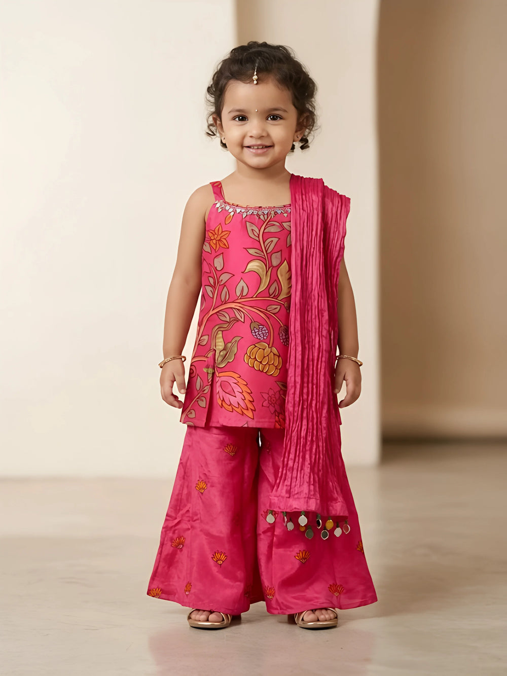 Rani pink floral print palazzo set with matching dupatta for girls ethnic wear.