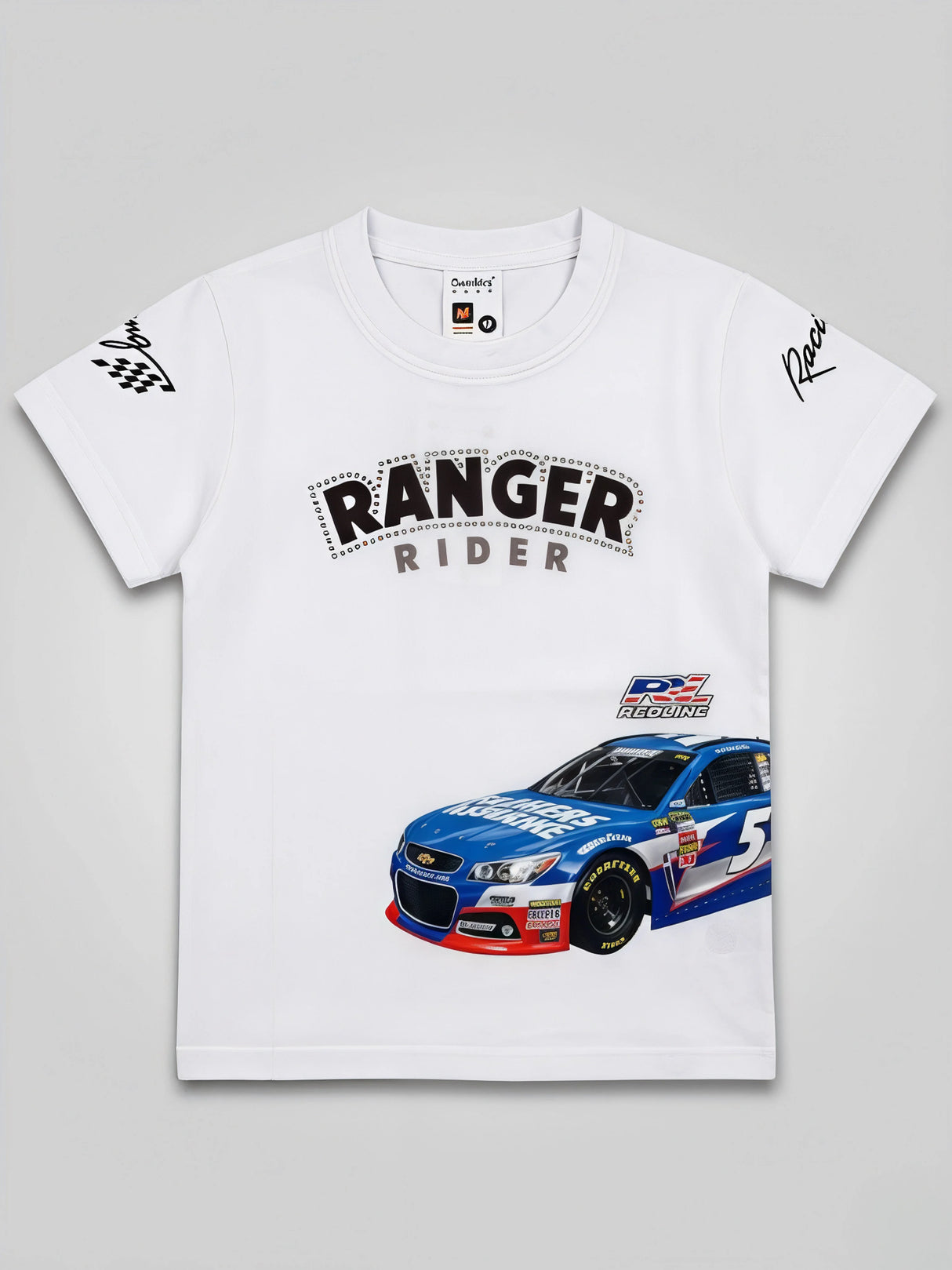Boys White Ranger Rider Racing Car Graphic T-Shirt.