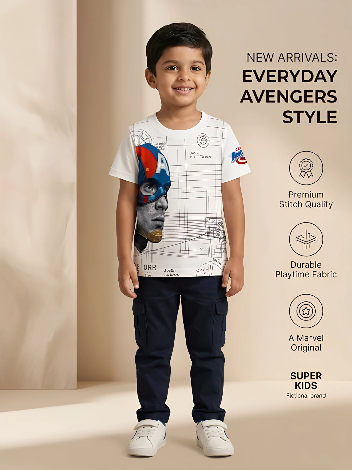 White Captain America Graphic Print T-Shirt Kids Casual Wear