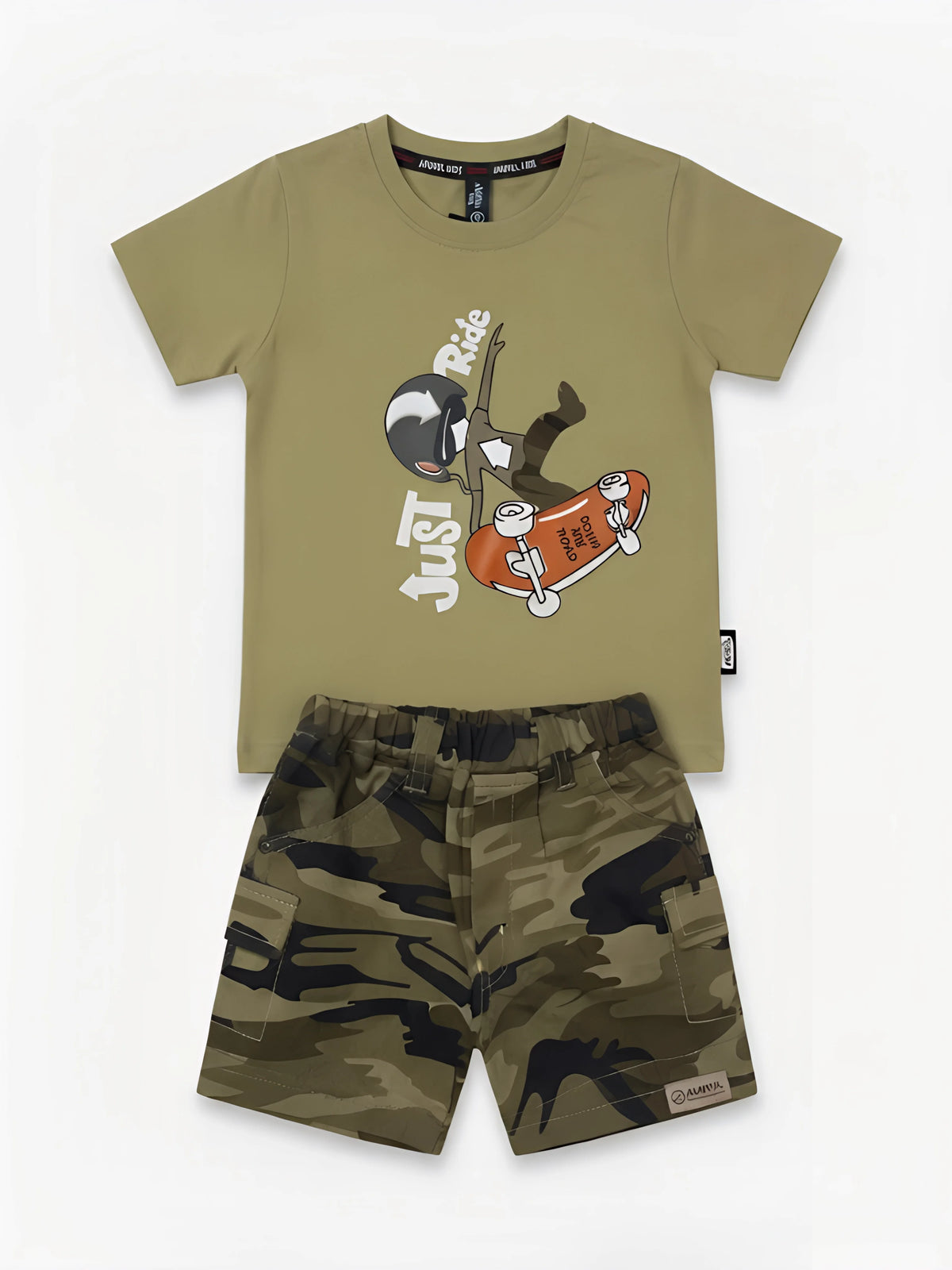 Olive Green Graphic Print Camo Boys Coordinate Set