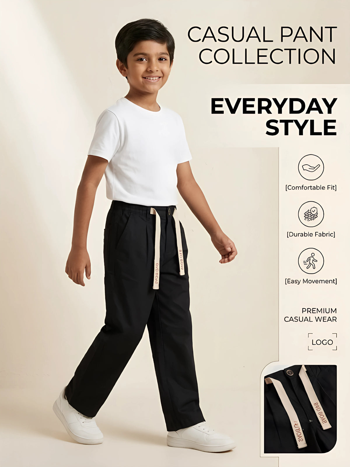 Boys Black Casual Loose Fit Trousers