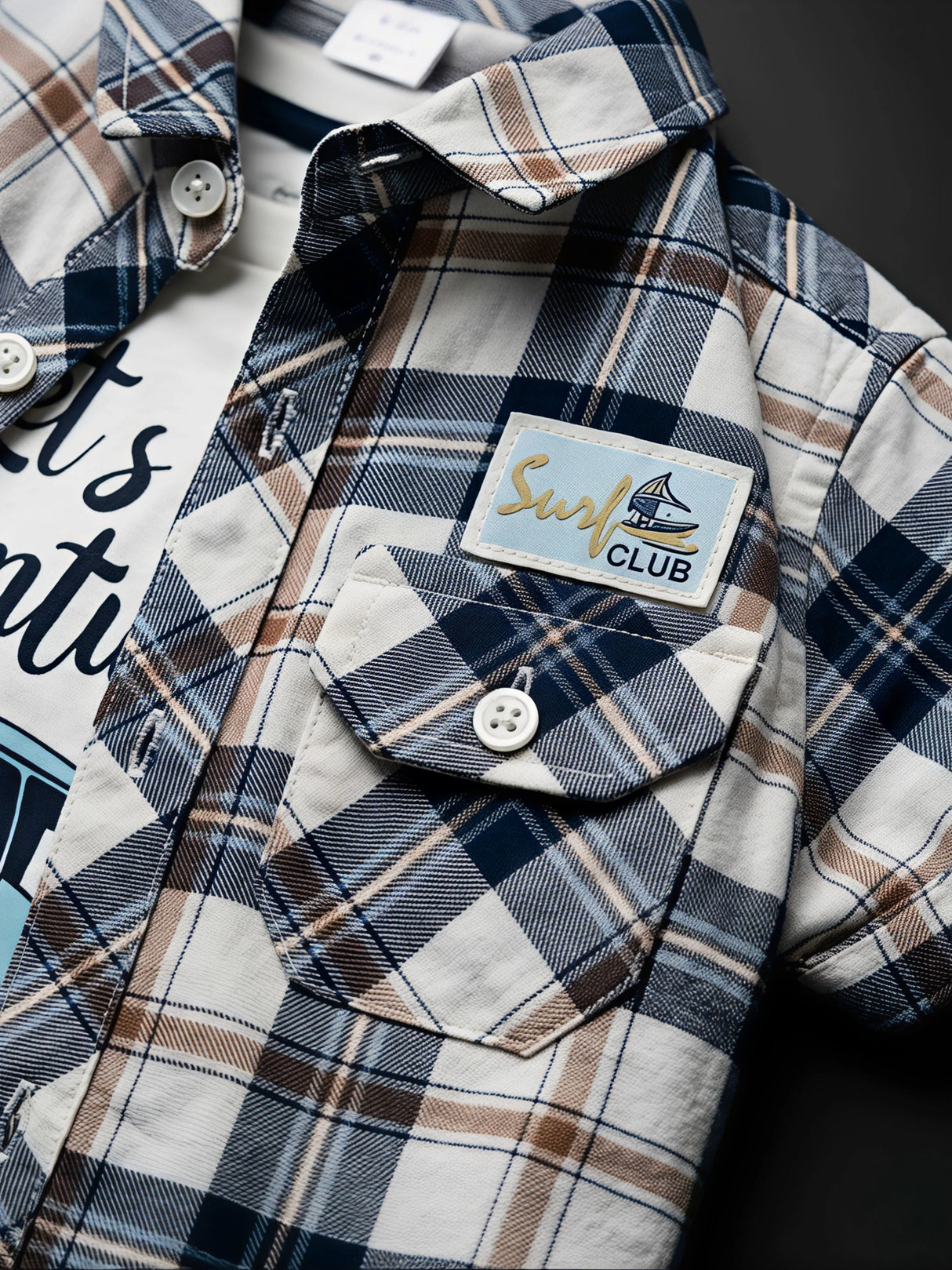 Boys White Adventure Graphic T-Shirt & Checked Shirt Co-ord Set