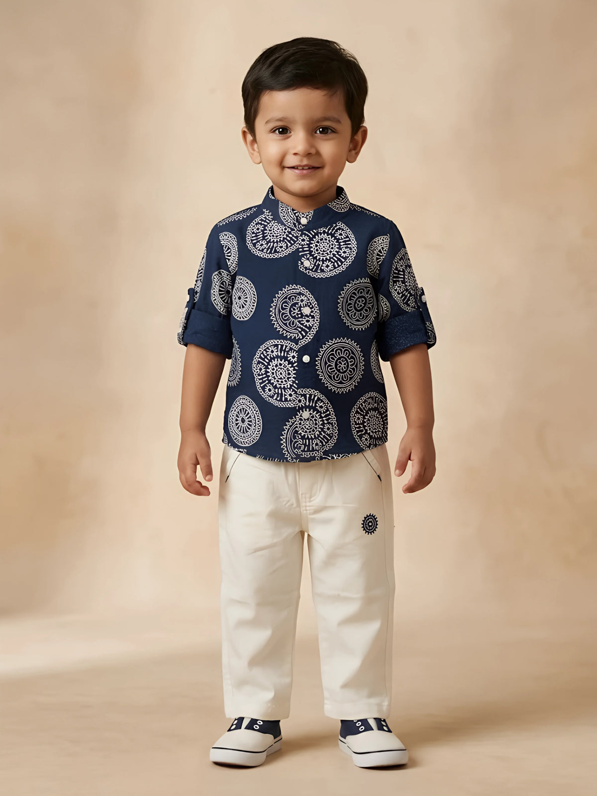 Navy blue mandala printed top and white trousers boys coordinate set.