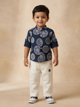 Navy blue mandala printed top and white trousers boys coordinate set.