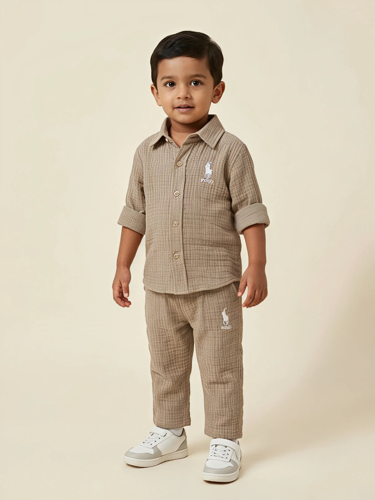 Grey textured cotton muslin boys coordinate set featuring a button-down shirt and matching pants.