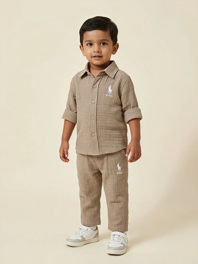 Grey textured cotton muslin boys coordinate set featuring a button-down shirt and matching pants.