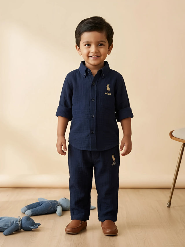 Navy blue solid boys coordinate set featuring a long-sleeve button-down shirt and matching trousers with embroidery.