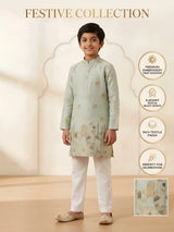 Green Gold Foil Printed Kurta Pajama Set for Boys