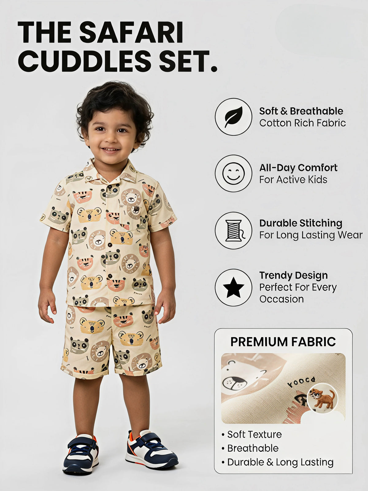 Boys Cream Animal Print Cotton Co-ord Set